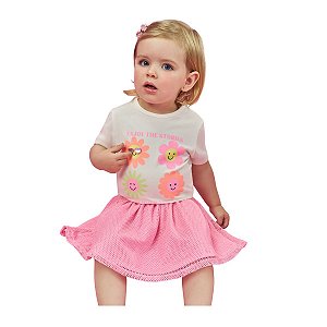 Conjunto Infantil Blusa e Saia com Short Flores Off White