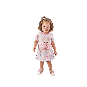 Vestido Infantil Estampado Ursinho Rosa