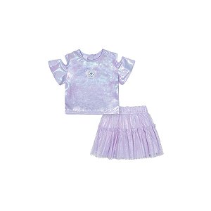 Conjunto Infantil Blusa e Saia com Short com Brilho Lilás