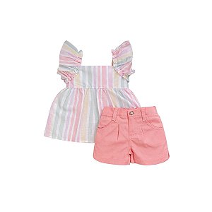 Conjunto Bata Listrada com Short Viscolinho Rosa