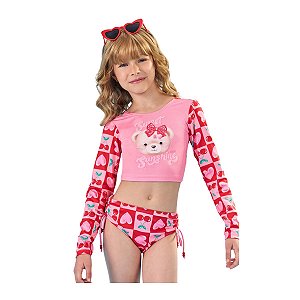 Biquini Infantil Blusa Manga Longa e Calcinha Cereja Morango Rosa