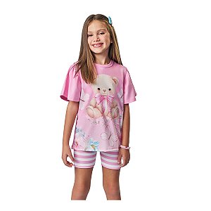 Conjunto Blusa e Bermuda Ciclista Listrada Infantil Ursinho Rosa