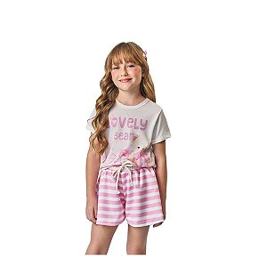 Conjunto Blusa e Shorts Listrado Infantil Usinho Off White