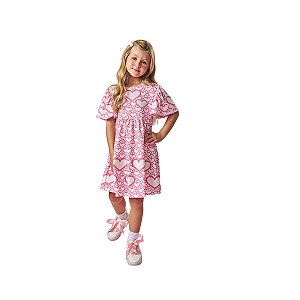 Vestido Infantil Manga Casual Coração Rosa
