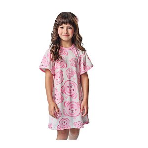 Vestido Infantil Manga Casual Ursinho Rosa