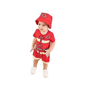 Conjunto Infantil Macacão e Chapéu Bombeiro Vermelho