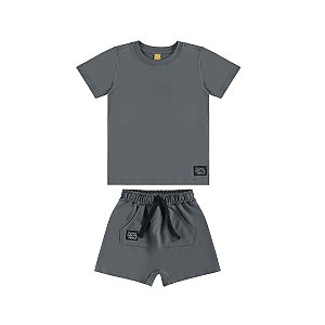 Conjunto Infantil Camiseta e Bermuda Básico Cinza Escuro