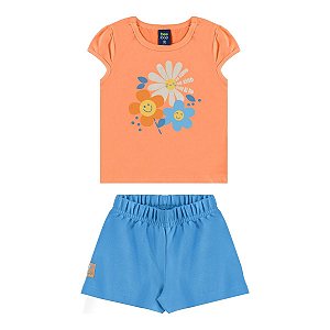 Conjunto Blusa Meia Malha e Short Moletom Flores Rosa