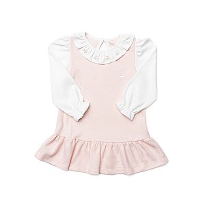Vestido Manga Longa em Malha Waflle Com Gola Bordada Rosa