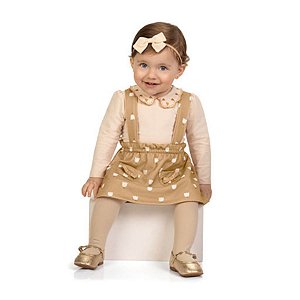 Conjunto Jardineira em Moletom Peluciado e Body Cotton Bege