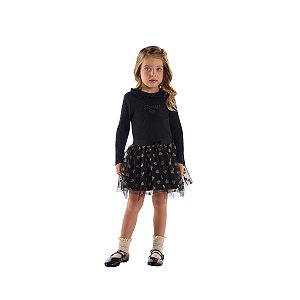 Conjunto Blusa Ribana e Saia Tule Coração com Short Interno Preto