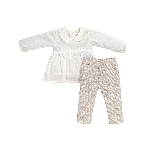Conjunto Bata Manga Longa e Calça Tweed Off White
