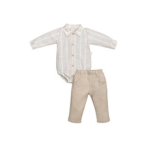 Conjunto Body Camisa Manga Longa e Calça Sarja Bege