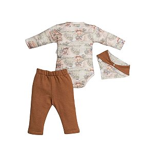 Conjunto Body Manga Longa com Bandana e Calça Moletinho Marrom