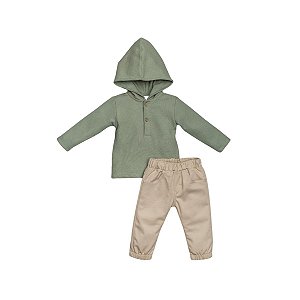 Conjunto Camiseta Manga Longa com Capuz e Calça Sarja Verde