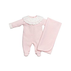 Kit Macacão Longo com Manta Malha Tricot Rosa
