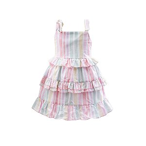 Vestido Alça Maquinetado Listrado Rosa