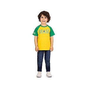 Camiseta Infantil Masculina Brasil Amarela com Manga Verde