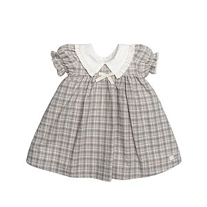 Vestido Manga Curta Popeline Xadrez Kids Bege
