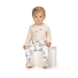 Conjunto Body e Legging em Algodão com Elastano Laço Bege