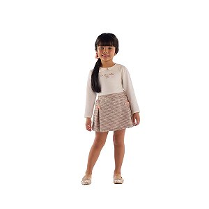 Conjunto Blusa em Cotton e Short Saia em Malha Tweed Off White