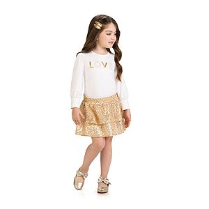 Conjunto Blusa em Algodão com Elastano e Saia em Paetê Off White com Dourado