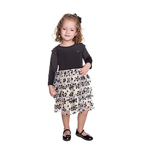 Vestido Amsterdã Veludo Meia Malha e Tule Flocado Preto