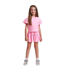Conjunto Infantil Blusa com Babados e Shorts Rosa com Brilho