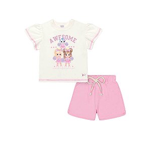 Conjunto Infantil Blusa Estampada e Shorts Rosa Iogurte