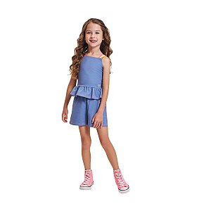 Conjunto Infantil Regata com Babado e Shorts Azul Jeans