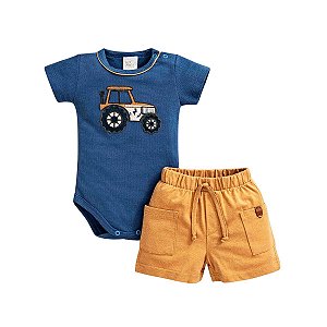Conjunto Body Bordado Manga Curta e Short em Malha Menino Azul