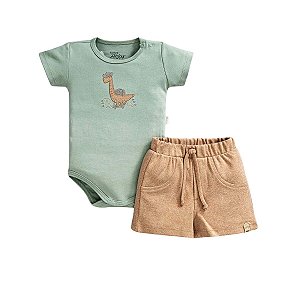 Conjunto Body Bordado Manga Curta e Short em Suedine Menino Verde