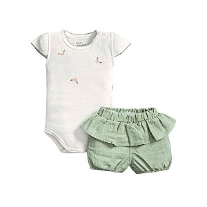 Conjunto Body Bordado Manga Curta e Short Sarjinha Menina Verde