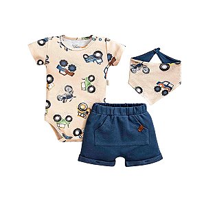 Conjunto Body Manga Curta com Short Moletinho e Bandana Tratores