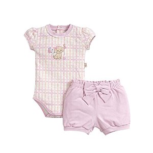 Conjunto Body Manga Curta e Shorts em Suedine Canelada Menina