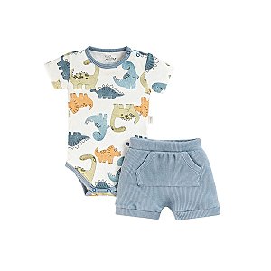 Conjunto Body Manga Curta Estampado e Short em Malha Tricot