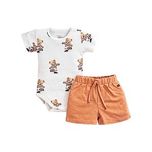 Conjunto Body Manga Curta Estampa Ursinho Futebol e Short Suedine Menino Laranja