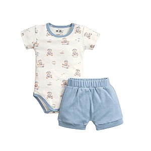 Conjunto Body Manga Curta e Shorts em Suedine Canelada Menino
