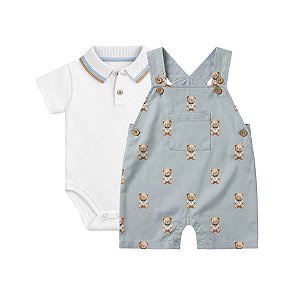 Conjunto Bebê Body Polo e Jardineira Ursinhos Branco