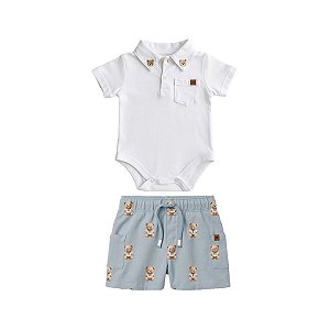Conjunto Bebê Body Polo e Jardineira Estampa Ursinhos Branco