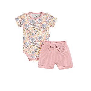 Conjunto Body Manga Curta e Short em Suedine e Malha Tricot