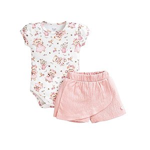 Conjunto Body Manga Curta e Short Saia em Malha Anarruga