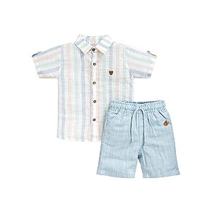 Conjunto Camisa Manga Curta Listrada e Bermuda Sarjinha