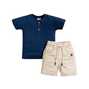 Conjunto Camiseta Manga Curta e Bermuda em Linho Azul