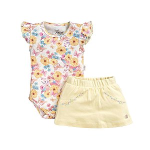 Conjunto Body Floral Manga Curta e Short Saia em Suedine