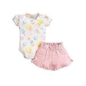 Conjunto Body Manga Curta e Short em Suedine Menina Estampa Poá Colorido