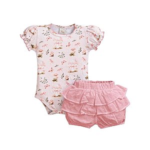 Conjunto Body Manga Curta e Short em Tricoline Flamê
