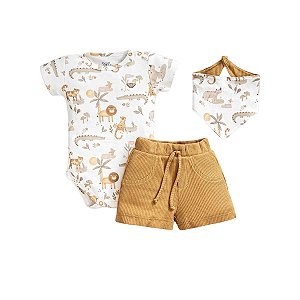 Conjunto Body, Bandana e Short em Malha Tricot Safari