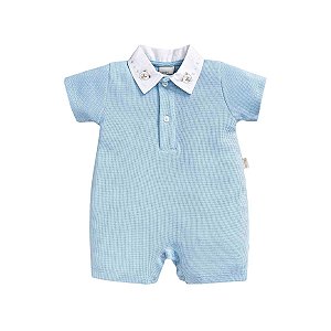Macacão Curto em Malha Tricot Azul com Gola Bordada Ursinhos