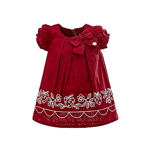 Vestido em Tricoline Flamê Bordado Morangos Vermelho
